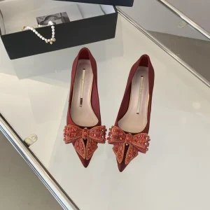 Women’s Elegant Red Bridal Shoes with Sparkling Bow High Heels for Wedding Breathable and Stylish for Summer and Autumn