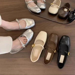 Women’s Elegant Round Toe Flat Shoes Slip On Buckle Rubber Outsole Breathable Deodorization Solid Pattern Leather Insole Dress