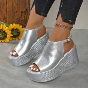 Women’s Elegant Silver Wedge Sandals Casual Open Toe Thick Sole Shoes Comfortable Buckle Strap Sandals Spring Summer Outfits