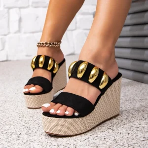 Women’s Elegant Simple Black Metallic High Top Platform Heel Casual Slip On Design Summer Outdoor Wedge Platform Mule Shoes