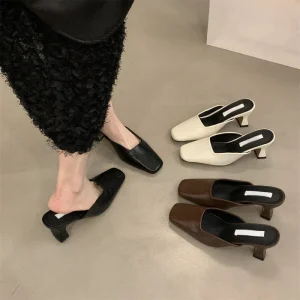 Women’s Elegant Square Toe Heeled Mules Mid Heel Chunky Heel Comfortable Outdoor Spring Summer New