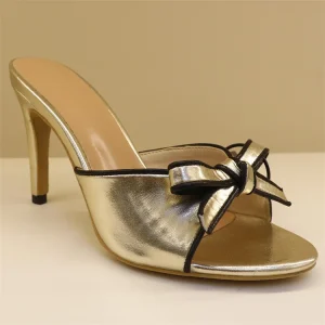 Women’s Elegant Summer Stiletto Slides with Bow-Embellished Round Toe Open-Toe Design Satin Ribbon & Thin Heel Mules