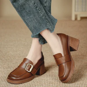 Women’s Elegant Thick Heel Loafers British Retro Style Mid High Heel Deep Shoes with Retro Buckle Light Round for Summer