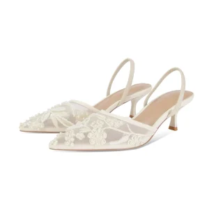 Women’s Embroidered Closed Pointed Toe Formal Sexy Mesh High Heels Pearl Backless Stiletto Bridal Pumps Sandals