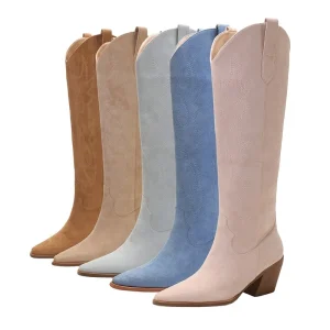 Women’s Embroidered Western Ladies Cowboy Knee high Boots Pointed Toe Low Heel Faux Suede Riding Boots for Ladies