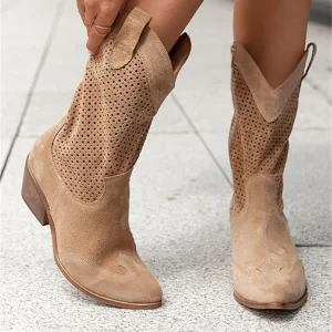 Women’s European American Fashion Summer Boots White Perforated Cowboy Square Toe Chunky Heel Western Style Breathable Suede