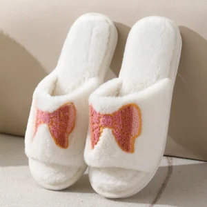 Women’s European American Style Printed Slippers Bow Plush Fur PVC Outsole Open Toe Anti-Slip Slippers
