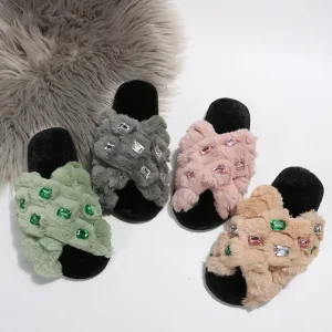 Women’s European Winter Coat Fur Flats Home Slippers for Autumn and Winter
