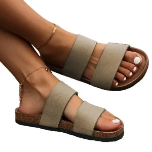 Women’s Evergreen Open Toe Cork Slide Sandals for Summer Two Bands Soft Platform Slippers for Outdoor Beach Use Lighted Spring