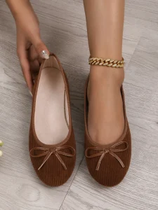 Women’s Fall Retro Brown Corduroy Flat Shoes Round Toe Bow Decor Slip on Comfortable Daily Dress Shoes