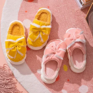 Women’s Fashion Bowknot Winter Autumn Indoor for Non Slip Soft Sequined Plush Warm Cotton Comfortable Slides for Home Use