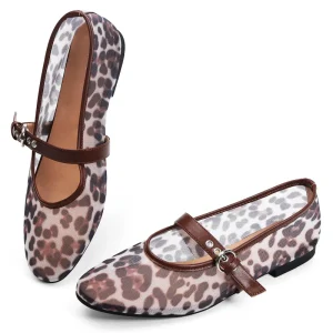 Women’s Fashion Breathable Ballet Flats Summer Spring Casual Mary Jane Animal Print Shoes Mesh Ballerina Flats