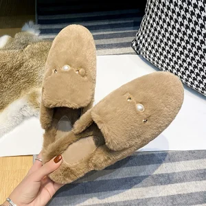 Women’s Fashion Casual Plush Flat Outdoor Warm Oversized Winter Autumn Spring Slip On Fluffy Mules Slippers