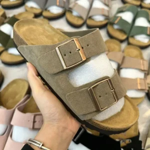 Women’s Fashion Cork Sole Flat Sandals Suede Leather Mules Shoes Clogs Slippers Genuine Arizona Autumn