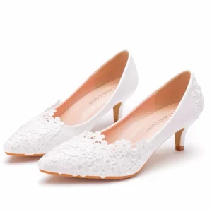 Women’s Fashion Elegant Simple Lace Flower Wedding Shoes White High Heels Bridal Shoes Take Wedding Photos Coming of age Shoes