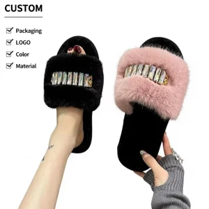 Women’s Fashion Faux Fur Fluffy Soft Open Toe TPR Anti Slip Outsole All season Indoor Outdoor Shoes