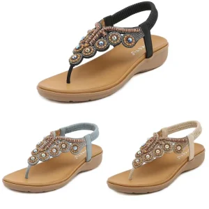 Women’s Fashion Flat Sandals with Beaded Rhinestone Buckle New Style Strap Closure Anti Slip Features