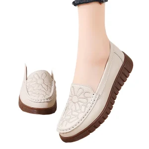 Women’s Fashion Genuine Leather Loafers Flats Shoes Soft Breathable Anti-Slippery Closed Toe Slip-On Autumn Office Casual