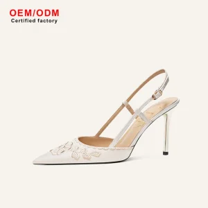 Women’s Fashion Heeled Sandals with Embroidered Satin Pattern and Back Strap Wedding Bridal Shoes Design