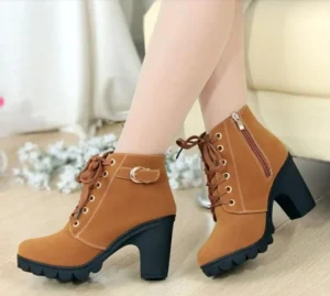 Women’s Fashion High Heel Lace Up Ankle Boots Ladies Buckle Platform Artificial Leather Shoes Botas Feminina