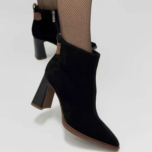 Women’s Fashion High Top Pointed Toe Sheep Suede Block Heel Ankle Boots With Side Zip For Daily Outings Parties All Seasons