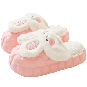 Women’s Fashion Kawaii Rabbit Slippers Winter Cotton Fabric Anti Slippery Platform Design Soft Thick Bottom