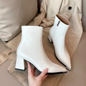 Women’s Fashion Leather TPR Sole Ankle Boots 15cm Calf Height 5.5cm Chunky Heel Black/Brown/White Zip Closure for Spring OEM ODM