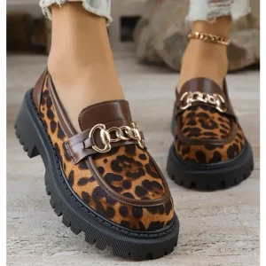 Women’s Fashion Leopard Patchwork Slip On Loafers Chunky Heel Platform Flats Moccasins Casual Shoes Plus Size Zapatos