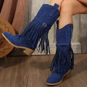 Women’s Fashion Mid Calf Cowgirl Boots Western Style Wide Pointed Toe Slip On PU Leather Tassel Chelsea Boot Style Ankle Height