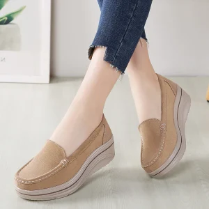 Women’s Fashion PU Loafers Flats Shoes Soft Breather Anti-Slippery Closed Toe Office Casual Walking Platform Shoes Customizable
