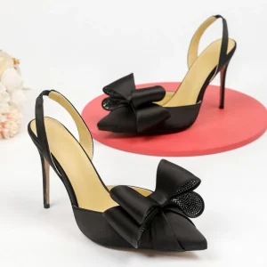 Women’s Fashion Pointed Rhinestone Bow Thin High Heels Breathable Silk Shoes Elegant Pumps for Summer Autumn Wedding Party