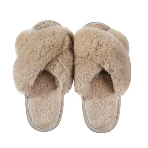 Women’s Fashion Soft Indoor Home Fluffy Fuzzy Slippers Fur Cross Open Toe Fur Slides Comfortable Slippers