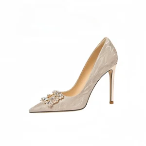 Women’s Fashion Stiletto High Heels Bridal Low Heel Wedding Shoes with Shiny Buckle Slip On Autumn Summer Pumps