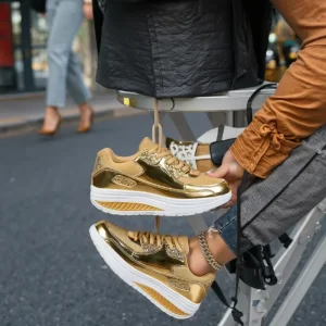 Women’s Fashion Thick Soled Heightened Mesh Breathable Sports Casual Sneakers Gold Shiny Palace Design for Walking Style