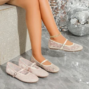 Women’s Fashion Trend Cute pink Mesh Lace Breathable Adjustable Strap Round Toe Casual Comfortable Flat Ballet Flats