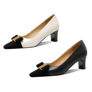 Women’s Fashion Trend Mid Heel Pumps Square Toe Dress Shoes with Bow Ornament Autumn Office Wear