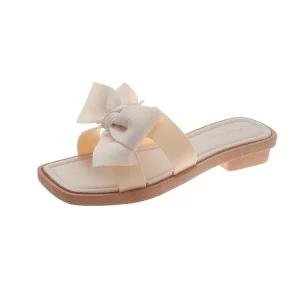 Women’s Fashion Trend Square Open Toe Mules Full Flat Slippers With Bow for Autumn Outdoor Light PVC Insole Daily Wear Shoe