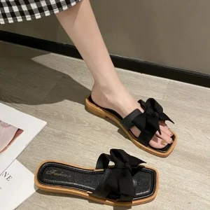 Women’s Fashion Trend Square Open Toe Mules Full Flat Slippers With Bow for Autumn Outdoor Use Light PVC Insole Daily Wear Shoe