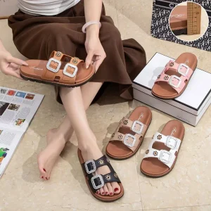 Women’s Fashion Trend Square Open Toe PVC Insole Daily Wear Shoe Ladies Flat Slippers