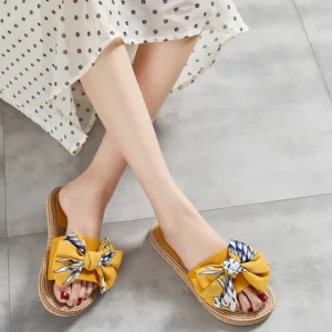 Women’s Fashion Trend Summer Peep Toe Yellow Leaf Print Bow Slide Sandals Braided Sole Beach