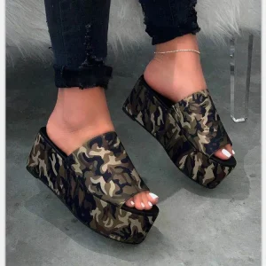 Women’s Fashion Wedge Sandals Camouflage & Solid Color Platform Slip on Shoes Comfortable Summer Footwear