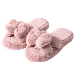 Women’s Fashion Winter Warm Plush Open Slippers Non Slip Indoor Cotton Shoes Platform Comfortable Home Bow Slippers for Women
