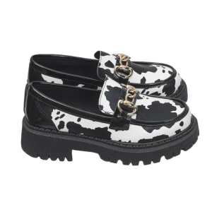 Women’s Fashion Zebra Print Platform Loafers Black Thick Sole Metal Chain Casual Daily Office Comfortable Shoes