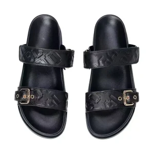 Women’s Fashionable All Match Flat Beach Sandals with Metal Belt Buckle Comfortable Thick Slippers Foreign Trade Trendy