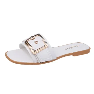 Women’s Fashionable Casual Summer Slippers Rubber Insole Flat Sandals with Square Buckle Trendy Slides for Students
