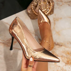 Women’s Fashionable Gold Stiletto Heels High Heels Pointed Toe Simple Solid Cross-Border Mule Heels Snakeskin Pattern for Summer