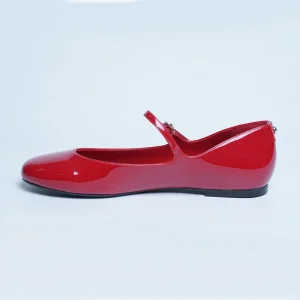 Women’s Fashionable Red Genuine Leather Lightweight Breathable Summer Autumn Mary Jane Buckle Strap Round Toe Flat Shoes