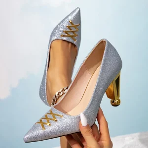 Women’s Fashionable Summer All-Season Shiny Silver High Heels Mules Irregular Heel Pointed Toe Lace-Up Closure Outdoor Sexy