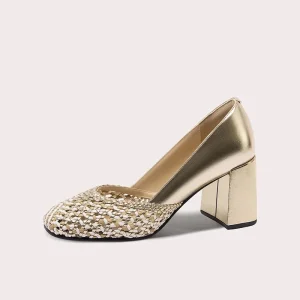 Women’s Fashionable Summer Chunky Heel Shoes Knitted Hollow High heeled Shoes Round toe High heeled Shoes for Girls