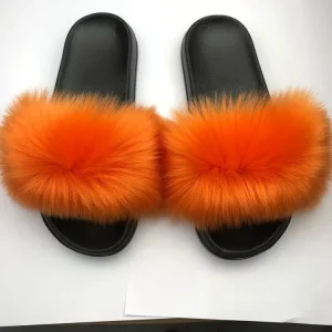 Women’s Fashionable Trend Fur Slippers in Fox Style, Custom Fluffy Slippers Made of Artificial Fur Slide